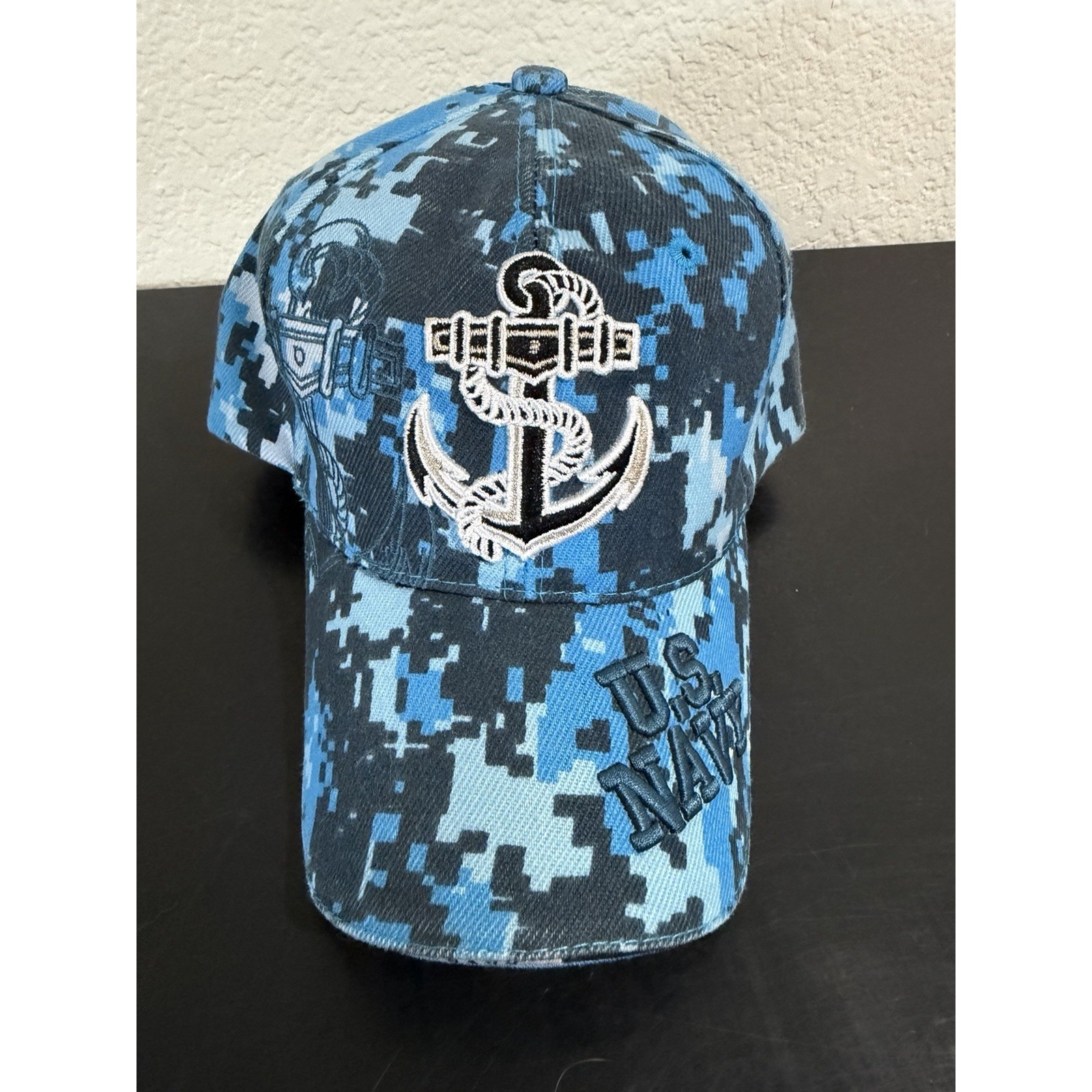 Nwt Us Navy Authentic Blue Digital Camo Print Big Anchor Strapback Hat Cap
